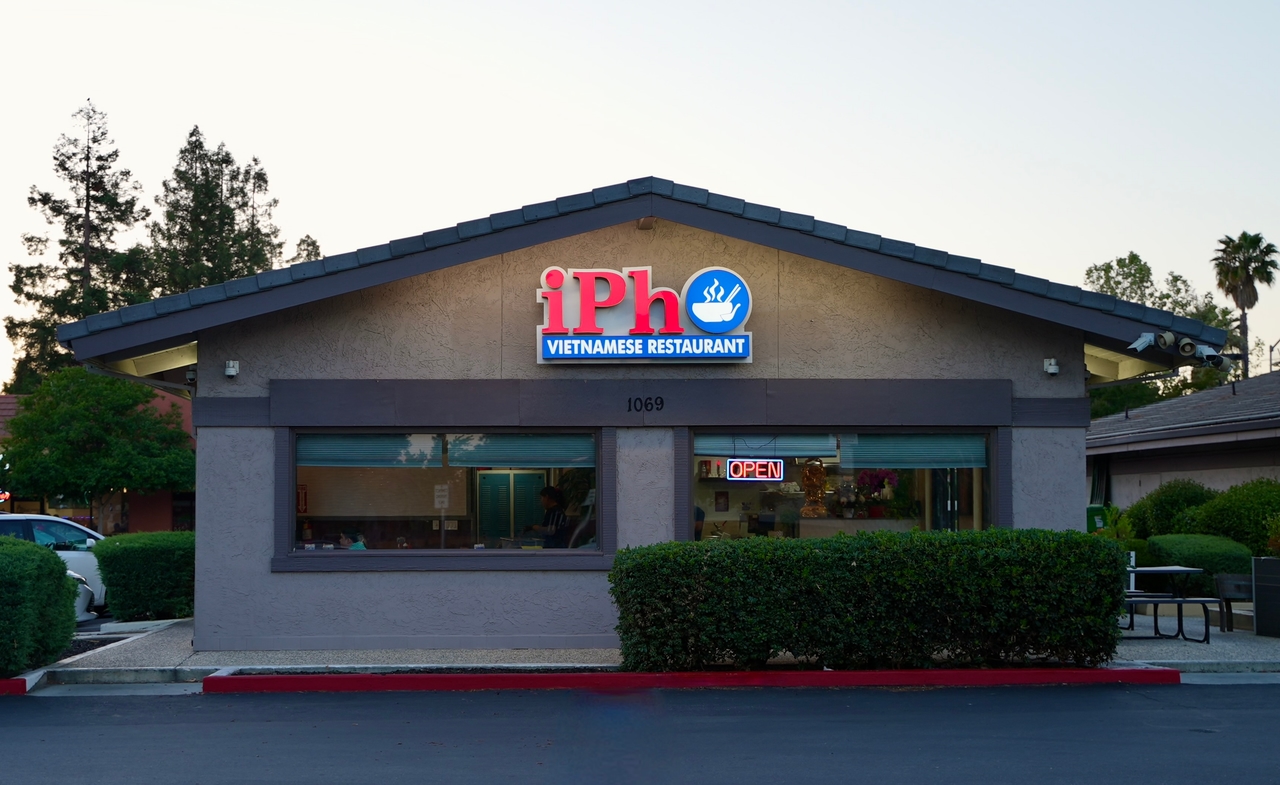 iPho Vietnamese Restaurant exterior with colorful signage and 'OPEN' sign, located at 1069 E Capitol Expressway in San Jose